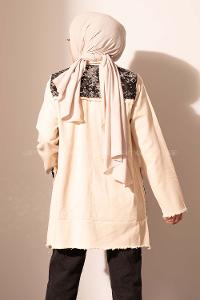 Modalamelif Cep Pul Payetli Kot Ceket Bej