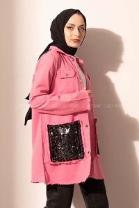 Modalamelif Cep Pul Payetli Kot Ceket Fuşya