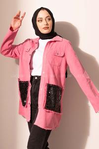 Modalamelif Cep Pul Payetli Kot Ceket Fuşya