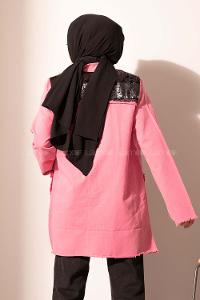 Modalamelif Cep Pul Payetli Kot Ceket Fuşya