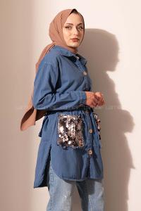 Modalamelif Cep Pul Payetli Uzun Ceket İndigo