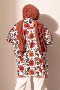 Modalamelif Çiçek Desen Dijital Baskı Gömlek Ekru-Kırmızı