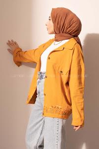 Modalamelif Eteği Çiçek Nakışlı Kot Ceket Hardal Sarısı