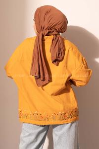 Modalamelif Eteği Çiçek Nakışlı Kot Ceket Hardal Sarısı