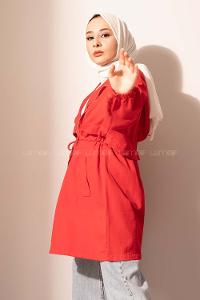 Modalamelif Fermuarlı Kapşonlu  Gabardin Ceket Kırmızı