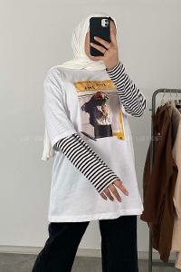 Modalamelif Flower Baskılı Oversize T-Shirt Ekru