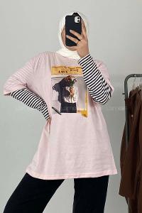 Modalamelif Flower Baskılı Oversize T-Shirt Pudra