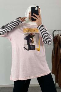 Modalamelif Flower Baskılı Oversize T-Shirt Pudra