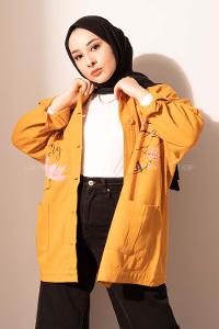 Modalamelif Happy Spring Desenli Gabrdin Ceket Hardal Sarısı