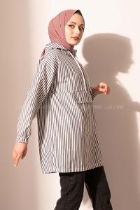 Modalamelif Kanguru Cep Çizgili Tunik Siyah