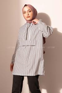 Modalamelif Kanguru Cep Çizgili Tunik Siyah