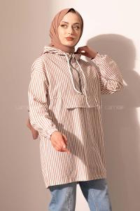 Modalamelif Kanguru Cep Çizgili Tunik Soft Kahve