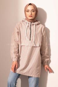 Modalamelif Kanguru Cep Çizgili Tunik Soft Kahve