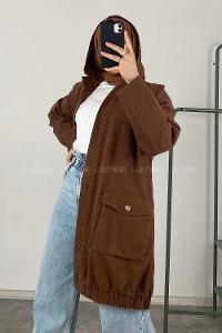 Modalamelif Kapak Cepli Kapşonlu Ceket Acı Kahve