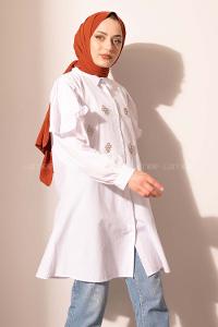 Modalamelif Kol Fırfırlı Taşlı Tunik Ekru