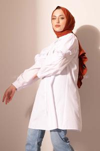 Modalamelif Kol Fırfırlı Taşlı Tunik Ekru