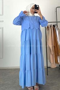 Modalamelif Kol Lastik Nakışlı Elbise Açık Mavi