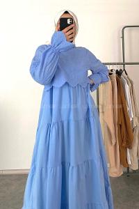 Modalamelif Kol Lastik Nakışlı Elbise Açık Mavi