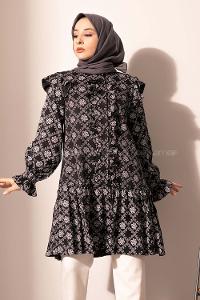 Modalamelif  Kol Lastikli Kilim Desen Tunik Siyah