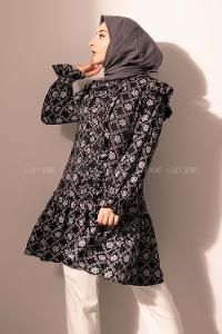 Modalamelif  Kol Lastikli Kilim Desen Tunik Siyah
