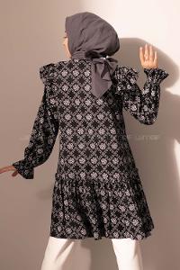 Modalamelif  Kol Lastikli Kilim Desen Tunik Siyah