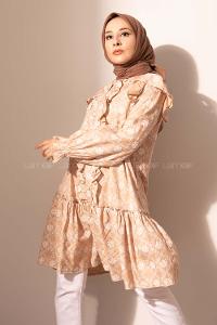 Modalamelif  Kol Lastikli Kilim Desen Tunik Sütlü kahve