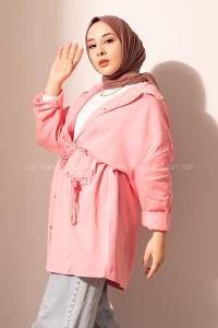Modalamelif Kuşgözlü Bağcıklı Uzun Ceket Pembe
