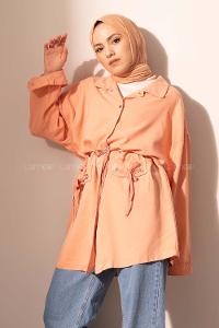 Modalamelif Kuşgözlü Bağcıklı Uzun Ceket Soft Pudra