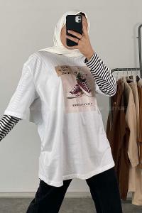 Modalamelif Never Give Up Baskılı Oversize T-Shirt Ekru