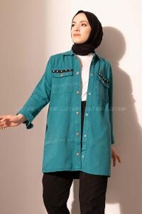 Modalamelif Önü Çıtçıt Düğmeli Çift Cepli Gabardin Ceket Turkuaz