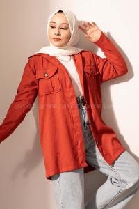 Modalamelif Önü Düğmeli Çift Cepli Gömlek Kiremit