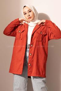 Modalamelif Önü Düğmeli Çift Cepli Gömlek Kiremit