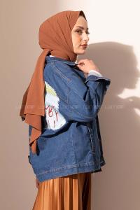 Modalamelif Önü Düğmeli Çift Cepli Kot Ceket Koyu Mavi