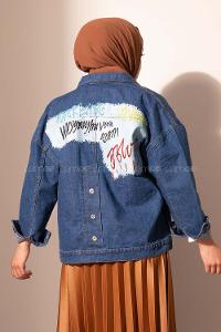 Modalamelif Önü Düğmeli Çift Cepli Kot Ceket Koyu Mavi