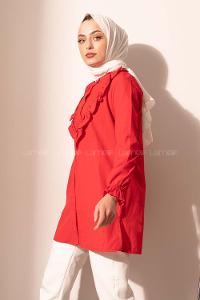 Modalamelif Önü Düğmeli Fırfırlı Tunik Kırmızı