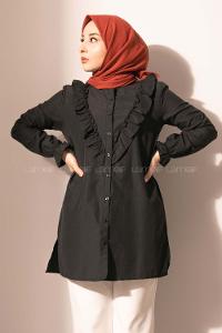 Modalamelif Önü Düğmeli Fırfırlı Tunik Siyah