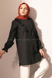 Modalamelif Önü Düğmeli Fırfırlı Tunik Siyah
