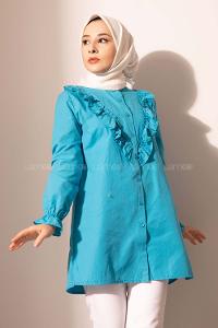 Modalamelif Önü Düğmeli Fırfırlı Tunik Turkuaz