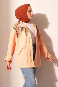 Modalamelif Payetli Etek Ucu Bağlamalı Ceket Soft Pudra