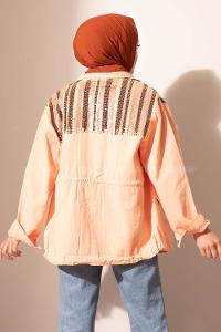 Modalamelif Payetli Etek Ucu Bağlamalı Ceket Soft Pudra