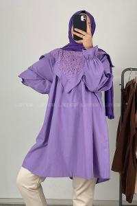 Modalamelif Yaka Fırfırlı Güpürlü Tunik Mor