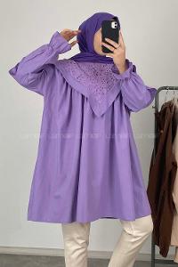 Modalamelif Yaka Fırfırlı Güpürlü Tunik Mor