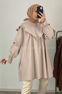 Modalamelif Yaka Fırfırlı Güpürlü Tunik Taş