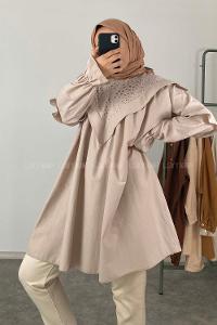 Modalamelif Yaka Fırfırlı Güpürlü Tunik Taş