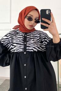 Modalamelif Yaka Fırfırlı Zebra Desen Tunik Siyah