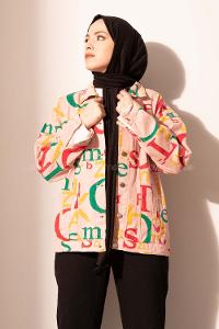 Modalamelif Yazı Baskılı Kot Ceket Lila Pudra