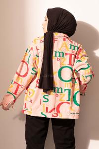 Modalamelif Yazı Baskılı Kot Ceket Lila Pudra