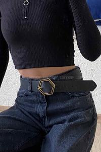 Modalamelif Altıgen Tokalı Gold Kemer Siyah