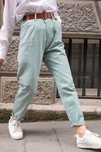 Modalamelif Deri Kemerli Pensli Gabardin Pantolon Çağla Yeşili