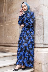 Modalamelif Gül Baskılı Kuşak Kemerli Elbise Saks Mavisi